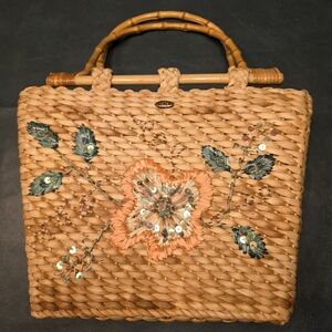 Elegant Scala Tan Woven Tote with Floral Design